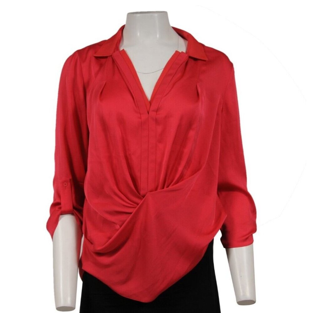 Elie Tahari Womens V Neck Blouse Large Red Silk Stretch Top Ruffle Sleeveless